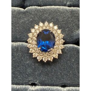 BBJ‎ 925 Sterling Silver Blue Sapphire CZ Double Halo Cocktail Ring Size 6.75
